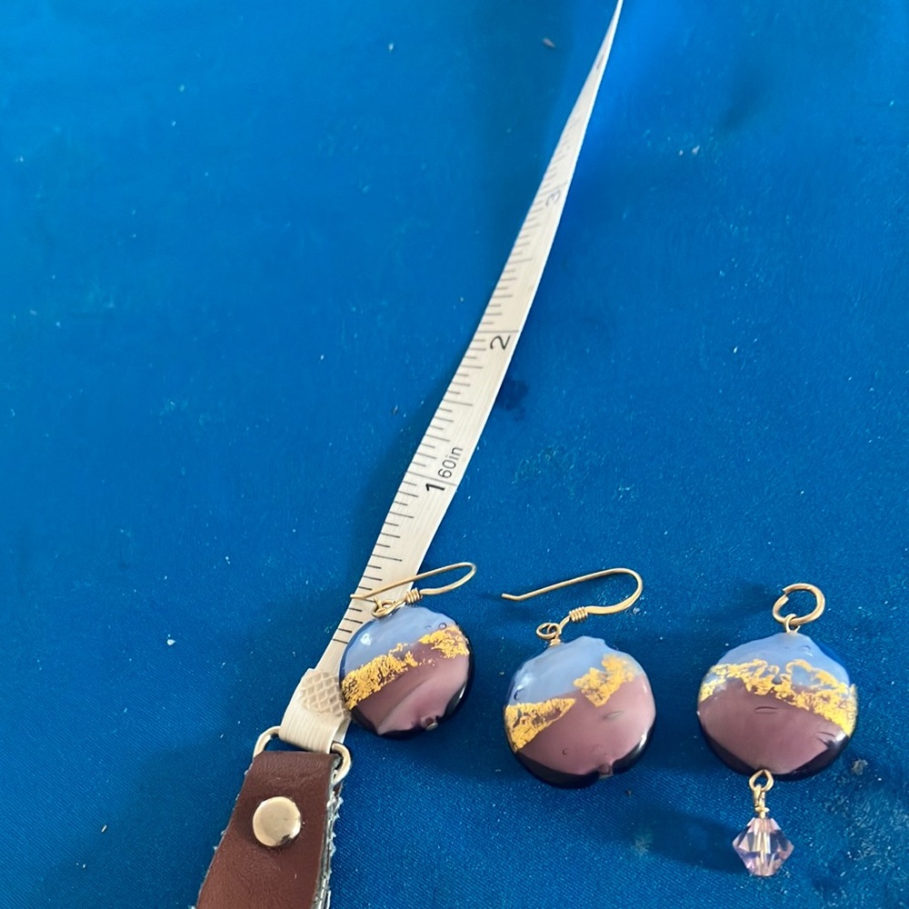 Elegant Gold and Purple enamel on clay Earrings and pendant